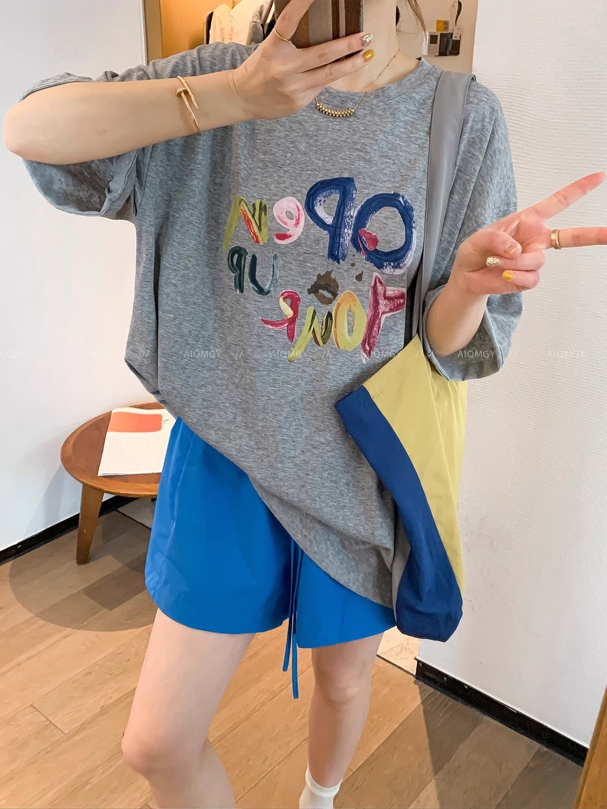 21 순면 210 그램 여름 드레스 느긋한 루즈핏 만화 프린트 반팔 티셔츠 한 부서 상세 이미지 3