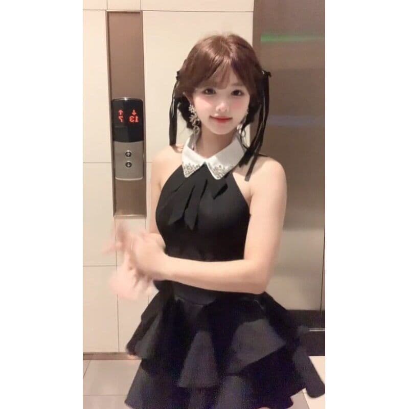 프랑스식 품격 나비 매듭 몸매 가꾸기 행침 목 허리 수축 슬림해 보이는 백리스 작은 검은 드레스 여름 새로운 퍼프 여성 드레스 이미지 5