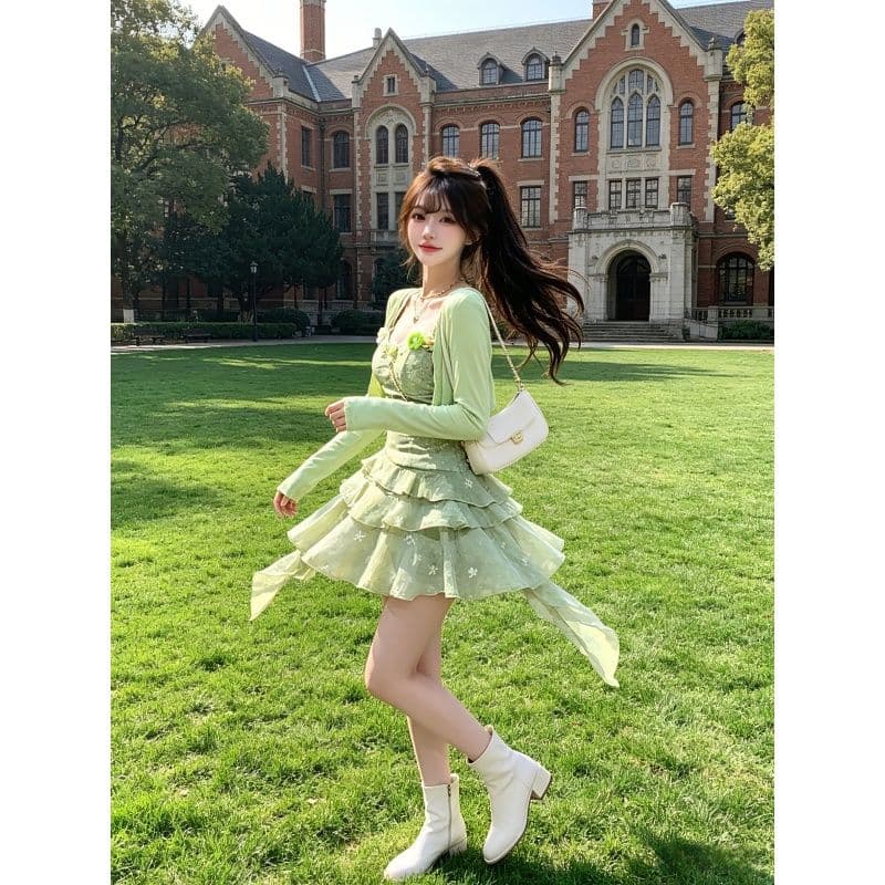 달콤한 자매 바람 여름 투피스 슈트 자외선 차단 슬림해 보이는 표지 고기 긴팔 오픈 가디건 허리 수축 퍼프 슬립 드레스 아이들 상세 이미지 1