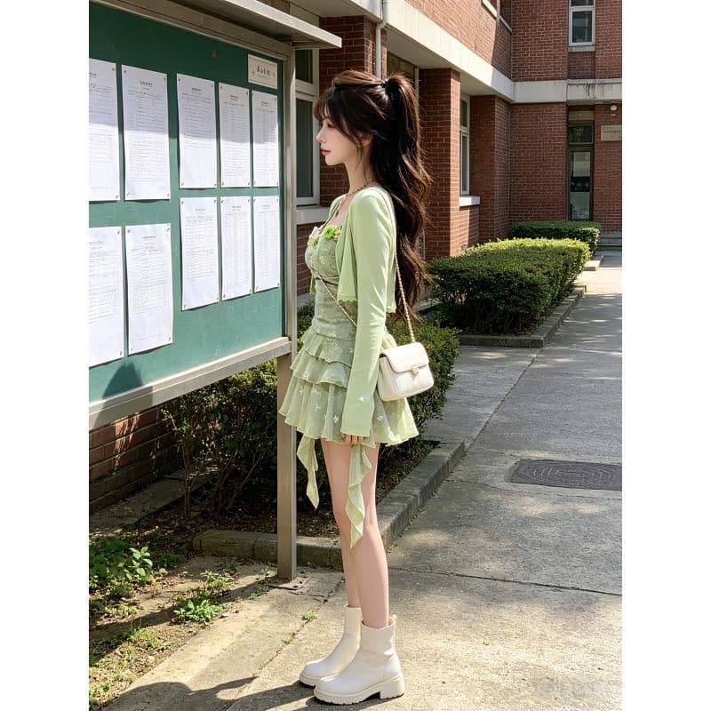 달콤한 자매 바람 여름 투피스 슈트 자외선 차단 슬림해 보이는 표지 고기 긴팔 오픈 가디건 허리 수축 퍼프 슬립 드레스 아이들 상세 이미지 4