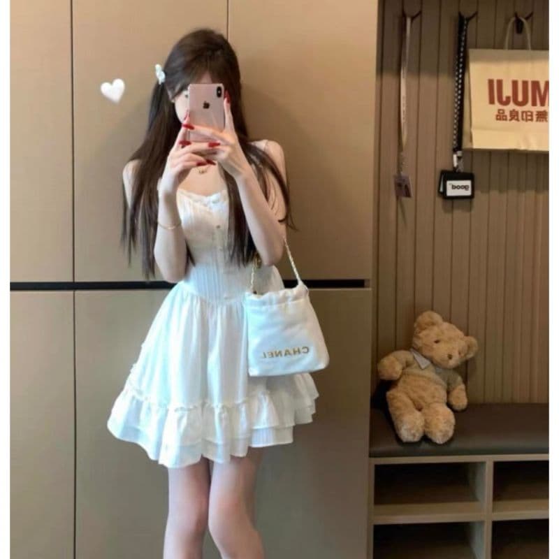 순수한 욕망 바람 우유 달콤한 샤오 바이 치마 여름 새로운 슬립 허리 수축 드레스 레이스 측면 고급 센스 프랑스식 품격 미니 스커트 이미지 2