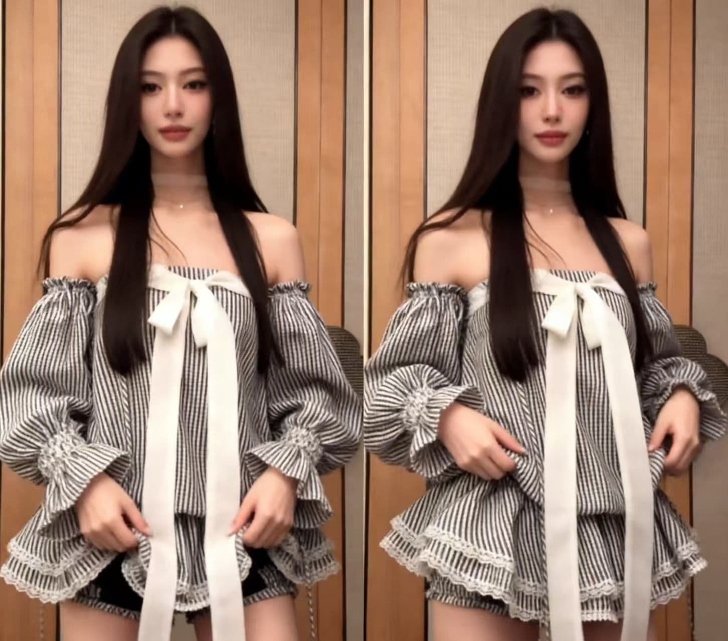 오프숄더 나비 매듭 스트라이프 튜브탑 여성 드레스 여름 프랑스식 품격 허리 수축 자이언트 잘 생긴 케이크 짧은 치마 상세 이미지 1