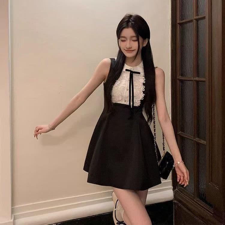 부유 한 가족 천 골드 고급 센스 검정색 민소매 조끼 원피스 여름 레이스 디자인 센스 허리 수축 한 마디 퍼프 스커트 이미지 2