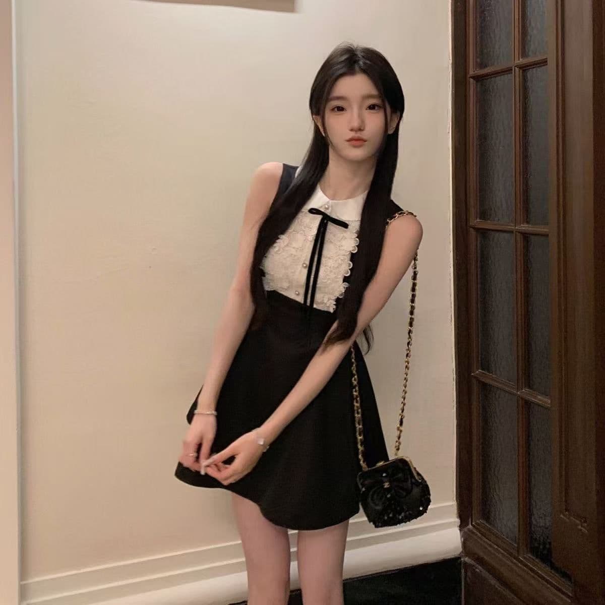 부유 한 가족 천 골드 고급 센스 검정색 민소매 조끼 원피스 여름 레이스 디자인 센스 허리 수축 한 마디 퍼프 스커트 상세 이미지 2