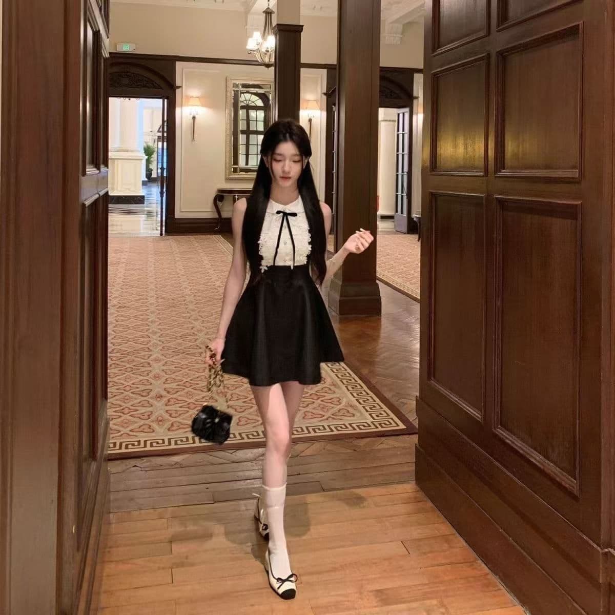 부유 한 가족 천 골드 고급 센스 검정색 민소매 조끼 원피스 여름 레이스 디자인 센스 허리 수축 한 마디 퍼프 스커트 상세 이미지 3