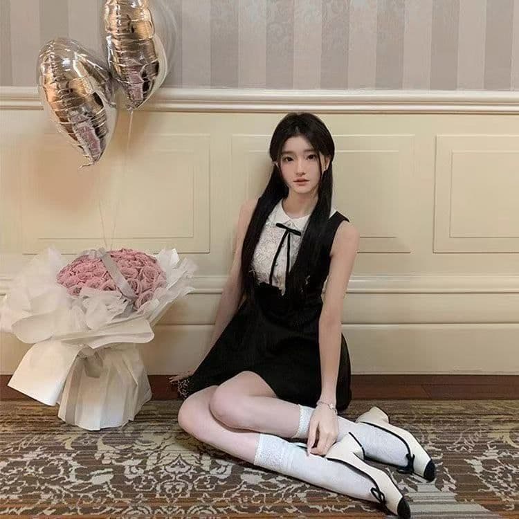부유 한 가족 천 골드 고급 센스 검정색 민소매 조끼 원피스 여름 레이스 디자인 센스 허리 수축 한 마디 퍼프 스커트 상세 이미지 4