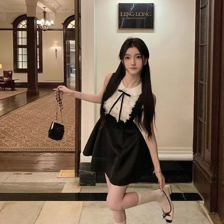 부유 한 가족 천 골드 고급 센스 검정색 민소매 조끼 원피스 여름 레이스 디자인 센스 허리 수축 한 마디 퍼프 스커트 상세 이미지 6