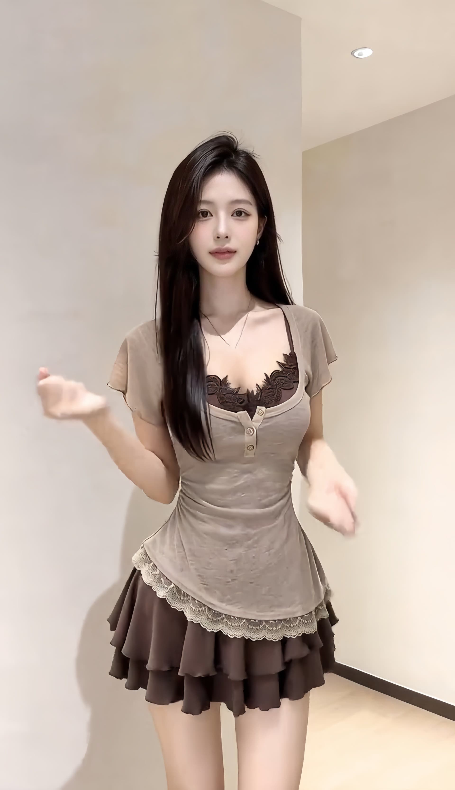 작은 키 프랑스식 레트로 레이스 슬립 티셔츠 여성 투피스 세트 여름 새로운 하이웨이스트 슬림해 보이는 반신 치마 세트 상세 이미지 3