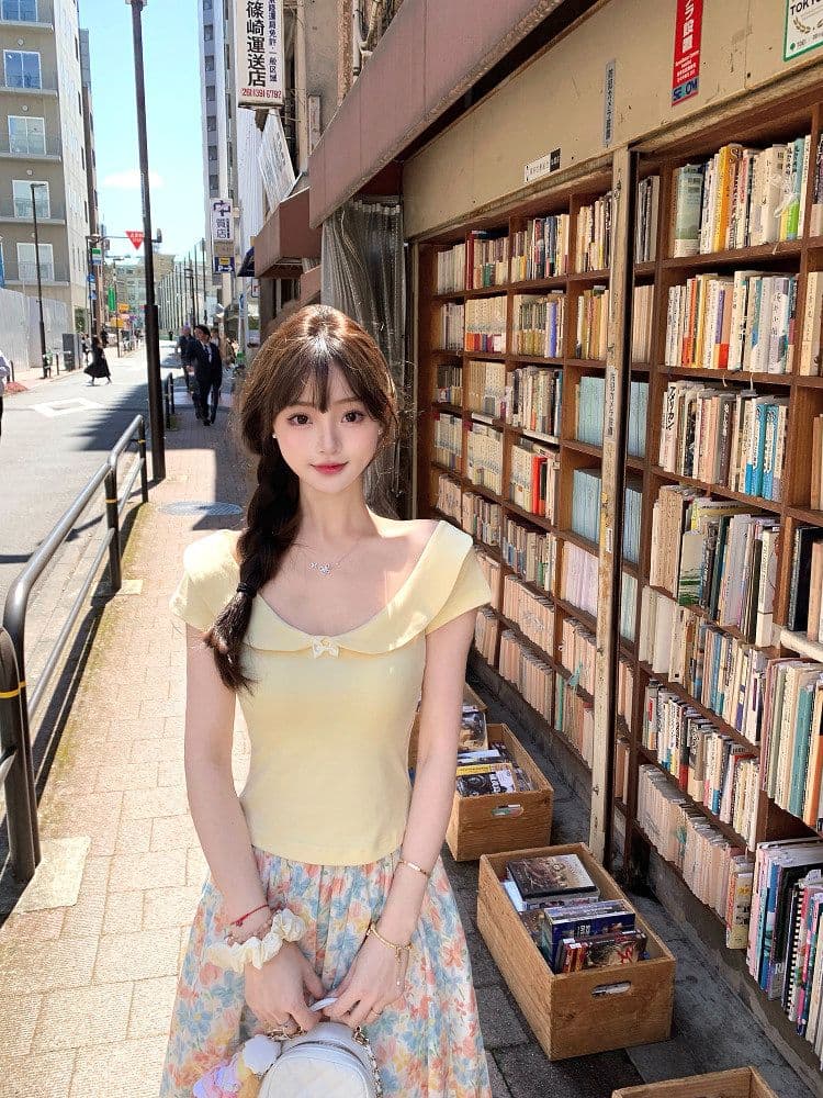 초기 꿈 pokemeng 쇼 와 doll 센스 대 베이비 칼라 나비 매듭 소녀 센스 일본식 바람 쇼트 스타일 티셔츠 다용도 이미지 3