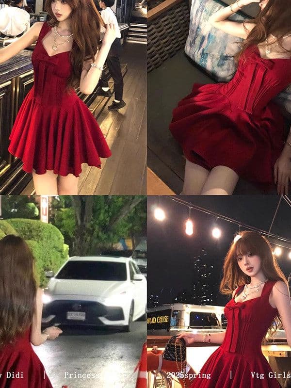 장미 인생 핫걸 순수한 욕망 바람 공주 드레스 나비 매듭 천 골드 센스 허리 수축 슬림해 보이는 생일 예복 여성 드레스 이미지 5