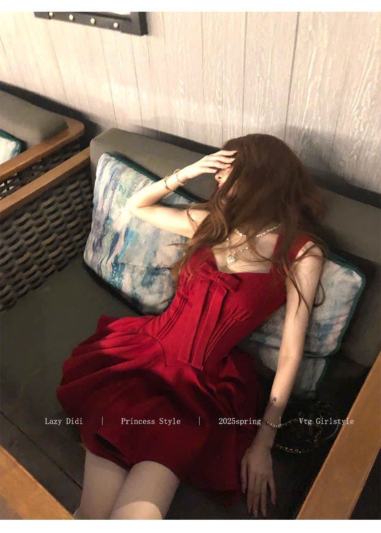 장미 인생 핫걸 순수한 욕망 바람 공주 드레스 나비 매듭 천 골드 센스 허리 수축 슬림해 보이는 생일 예복 여성 드레스 상세 이미지 9