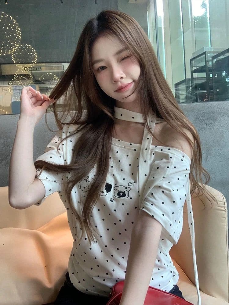 높은 품질 220 그램 40 순면 오스트리아 세대 서울 도트 무늬 스트랩 비스듬한 어깨 반팔 티셔츠 여성 여름 프린트 상세 이미지 4