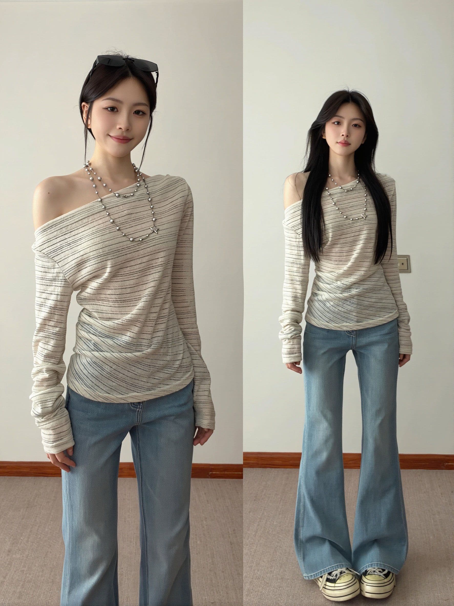 원본 컬러 짜임 기사 한 부서 스트라이프 블라우스 몸매 가꾸기 오프숄더 긴팔 티셔츠 여성 비스듬한 어깨 의류 고급 센스 상세 이미지 2
