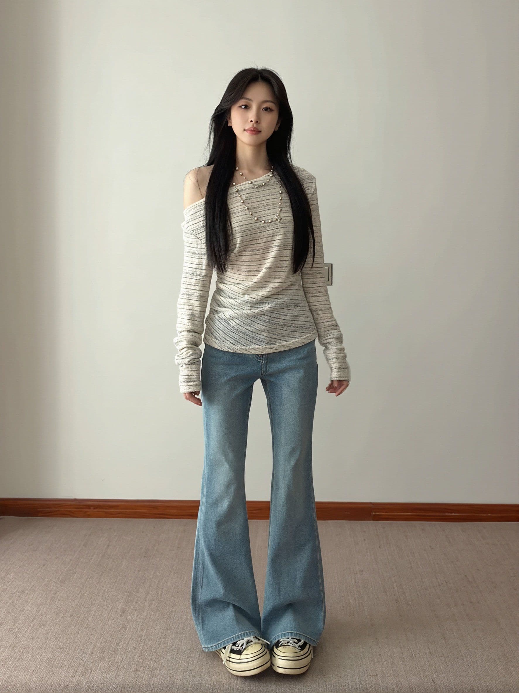 원본 컬러 짜임 기사 한 부서 스트라이프 블라우스 몸매 가꾸기 오프숄더 긴팔 티셔츠 여성 비스듬한 어깨 의류 고급 센스 상세 이미지 6