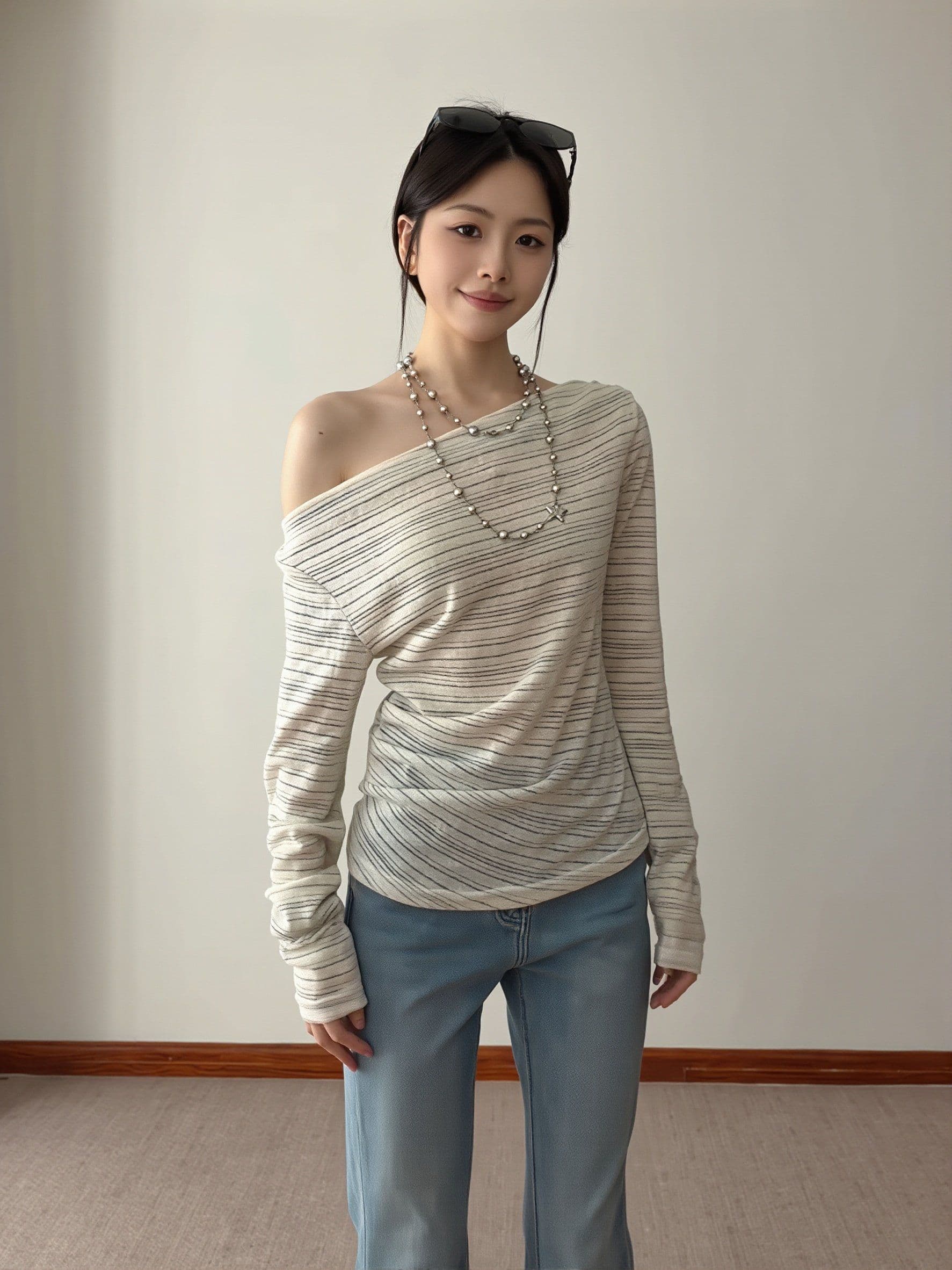 원본 컬러 짜임 기사 한 부서 스트라이프 블라우스 몸매 가꾸기 오프숄더 긴팔 티셔츠 여성 비스듬한 어깨 의류 고급 센스 상세 이미지 8