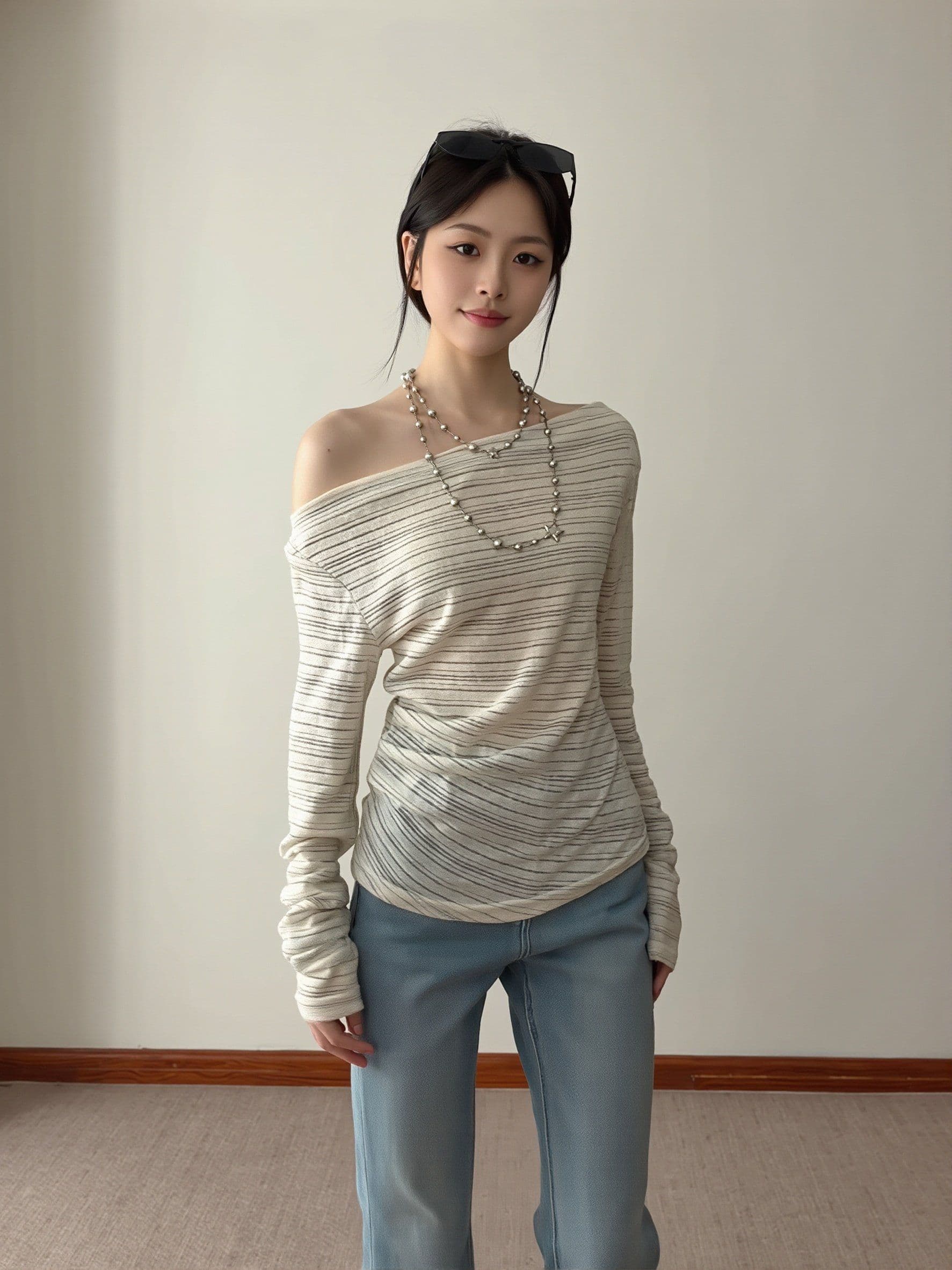 원본 컬러 짜임 기사 한 부서 스트라이프 블라우스 몸매 가꾸기 오프숄더 긴팔 티셔츠 여성 비스듬한 어깨 의류 고급 센스 상세 이미지 10