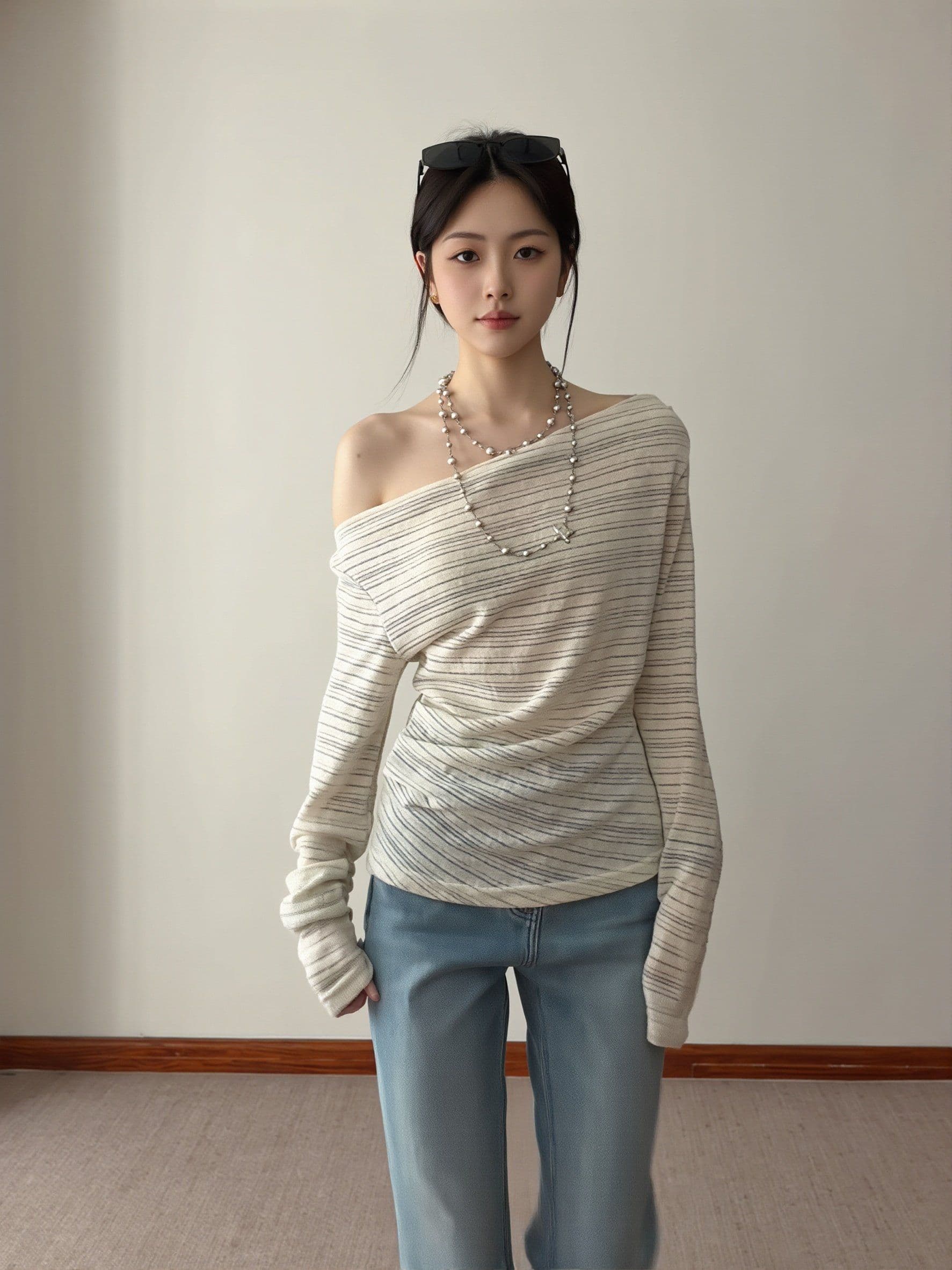 원본 컬러 짜임 기사 한 부서 스트라이프 블라우스 몸매 가꾸기 오프숄더 긴팔 티셔츠 여성 비스듬한 어깨 의류 고급 센스 상세 이미지 12