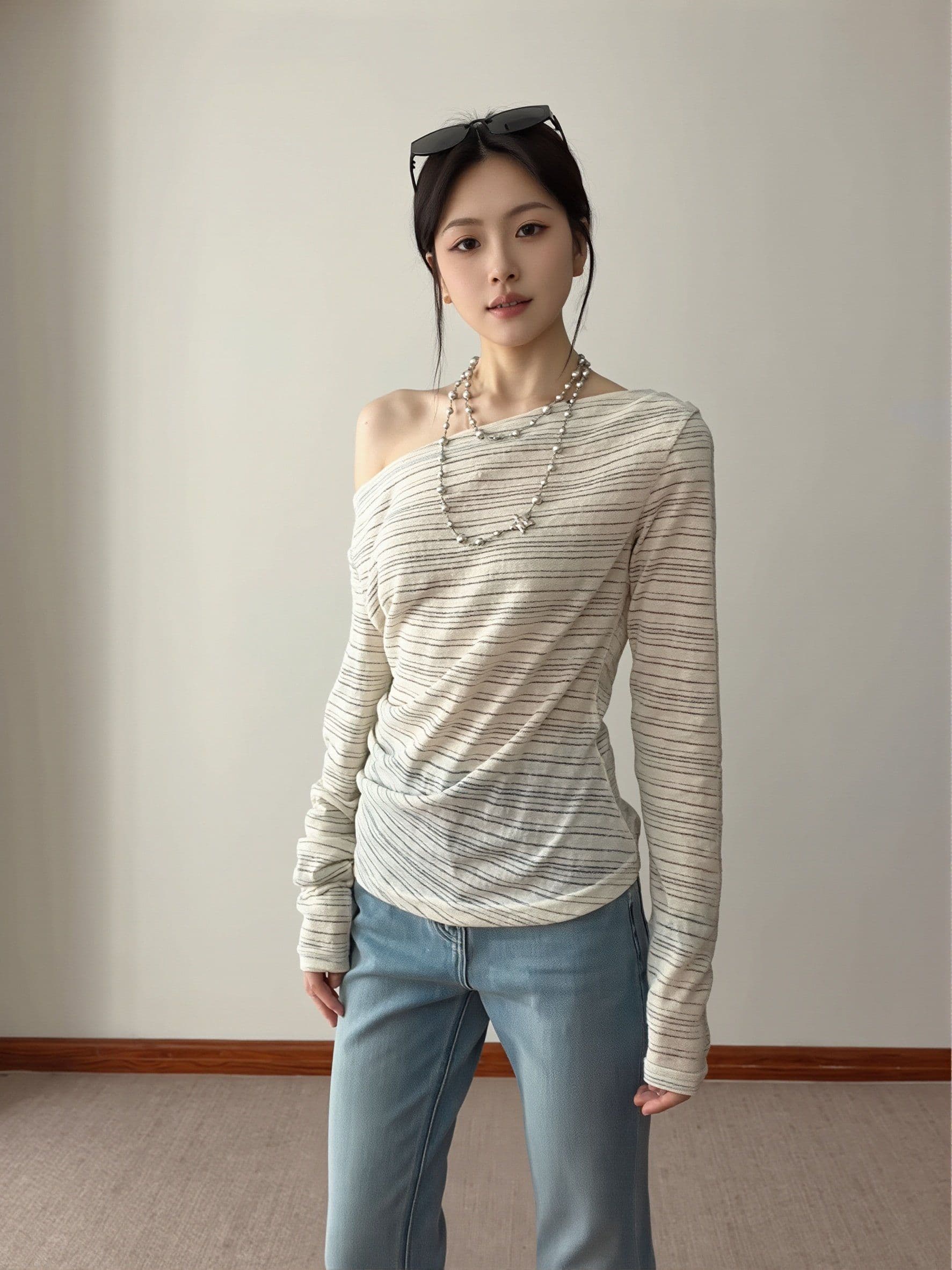 원본 컬러 짜임 기사 한 부서 스트라이프 블라우스 몸매 가꾸기 오프숄더 긴팔 티셔츠 여성 비스듬한 어깨 의류 고급 센스 상세 이미지 14