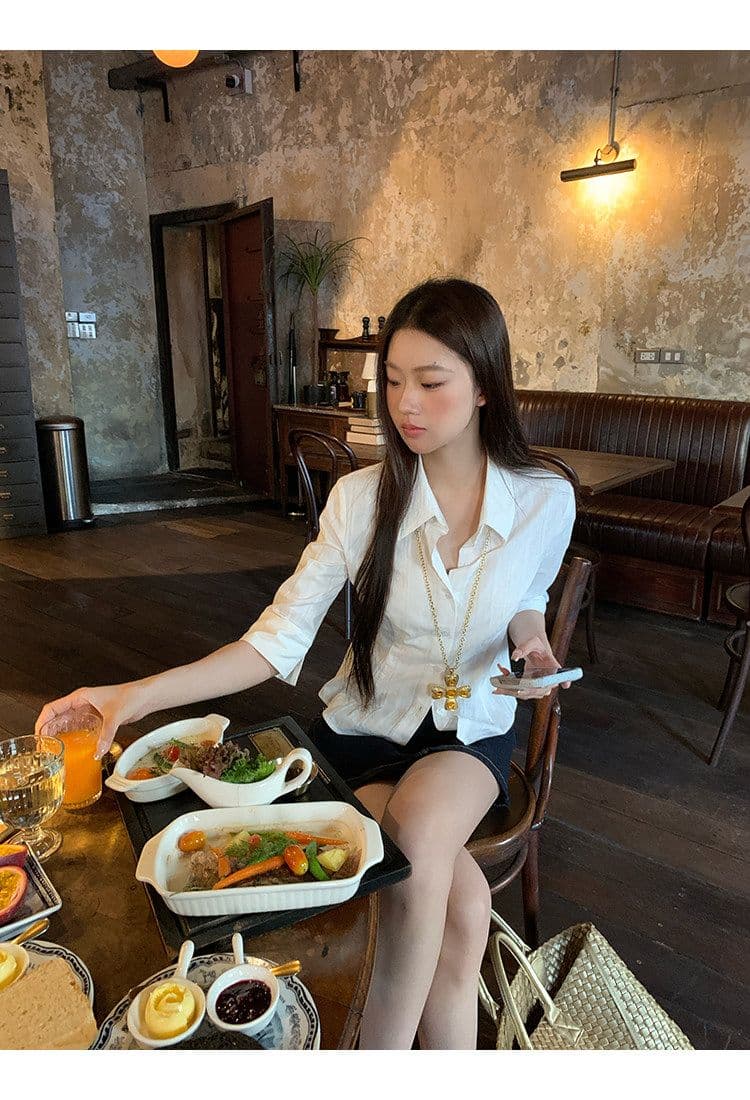 원본 원단 화이트 셔츠 여자 봄 프랑스식 맨위 고급 센스 빛 럭셔리 연령 감소 외국 가스 셔츠 상세 이미지 20
