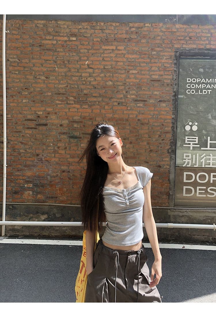 와 사고 방식 반팔 티셔츠 여성 폭발 여름 회색 슬림해 보이는 레이스 디자인 센스 작은 대중 쇼트 스타일 맨위 상세 이미지 3
