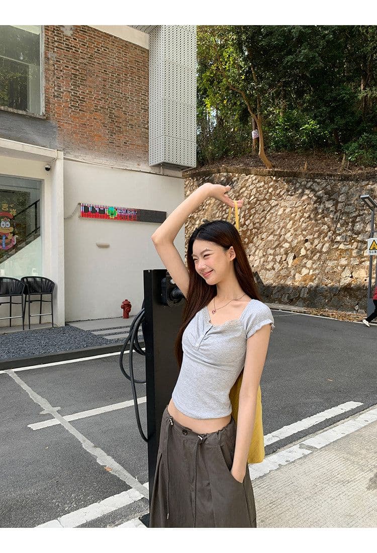 와 사고 방식 반팔 티셔츠 여성 폭발 여름 회색 슬림해 보이는 레이스 디자인 센스 작은 대중 쇼트 스타일 맨위 상세 이미지 5