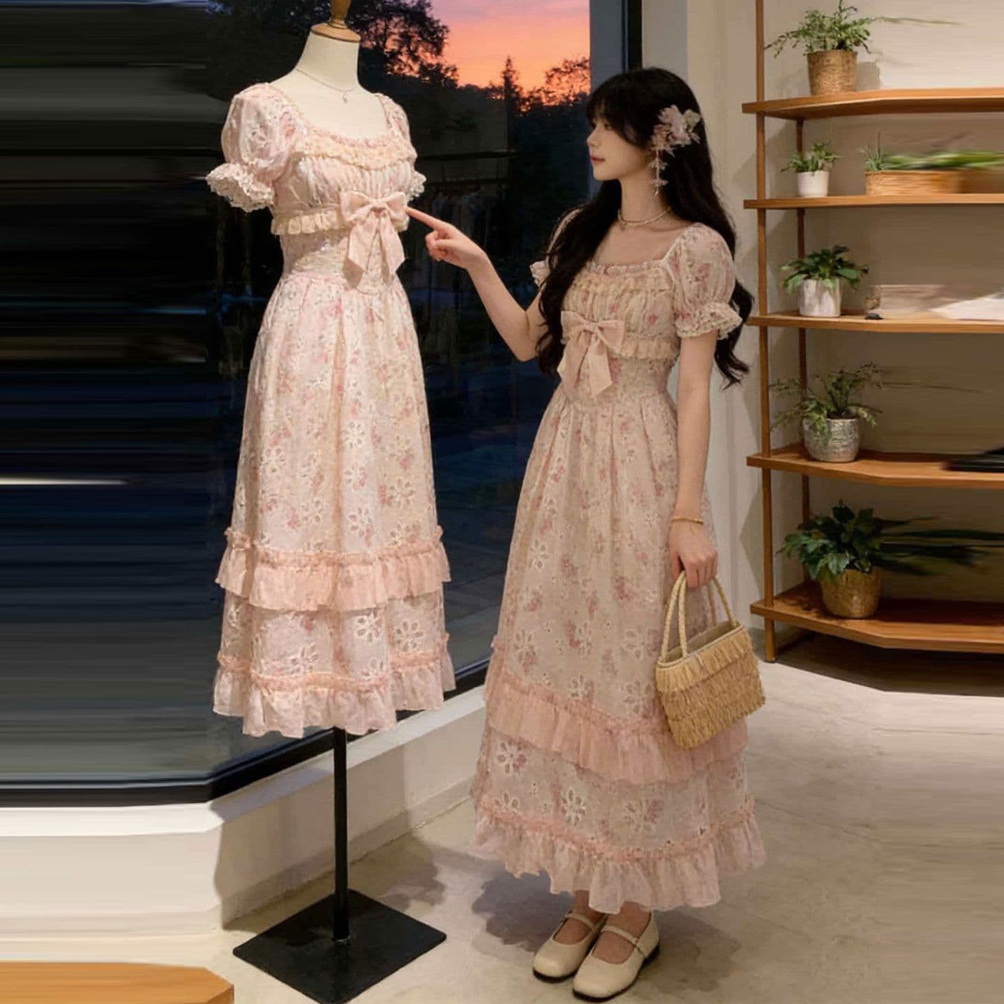 blovelan 릴리 앤 꽃 지름 휴가 바람 홀로우 아웃 자수 허리 수축 롱 스커트 프랑스식 소녀 꽃무늬 드레스 상세 이미지 2