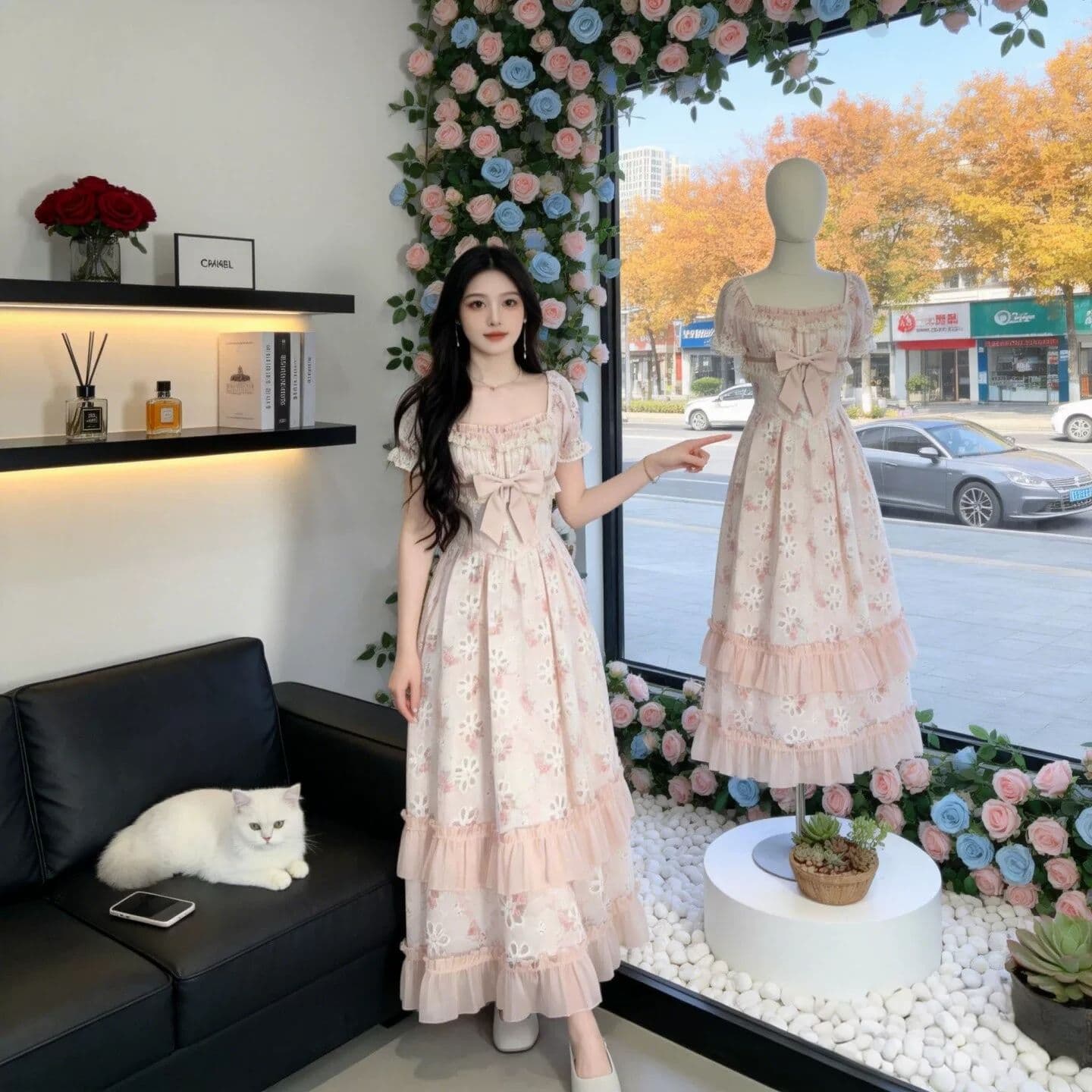 blovelan 릴리 앤 꽃 지름 휴가 바람 홀로우 아웃 자수 허리 수축 롱 스커트 프랑스식 소녀 꽃무늬 드레스 상세 이미지 3