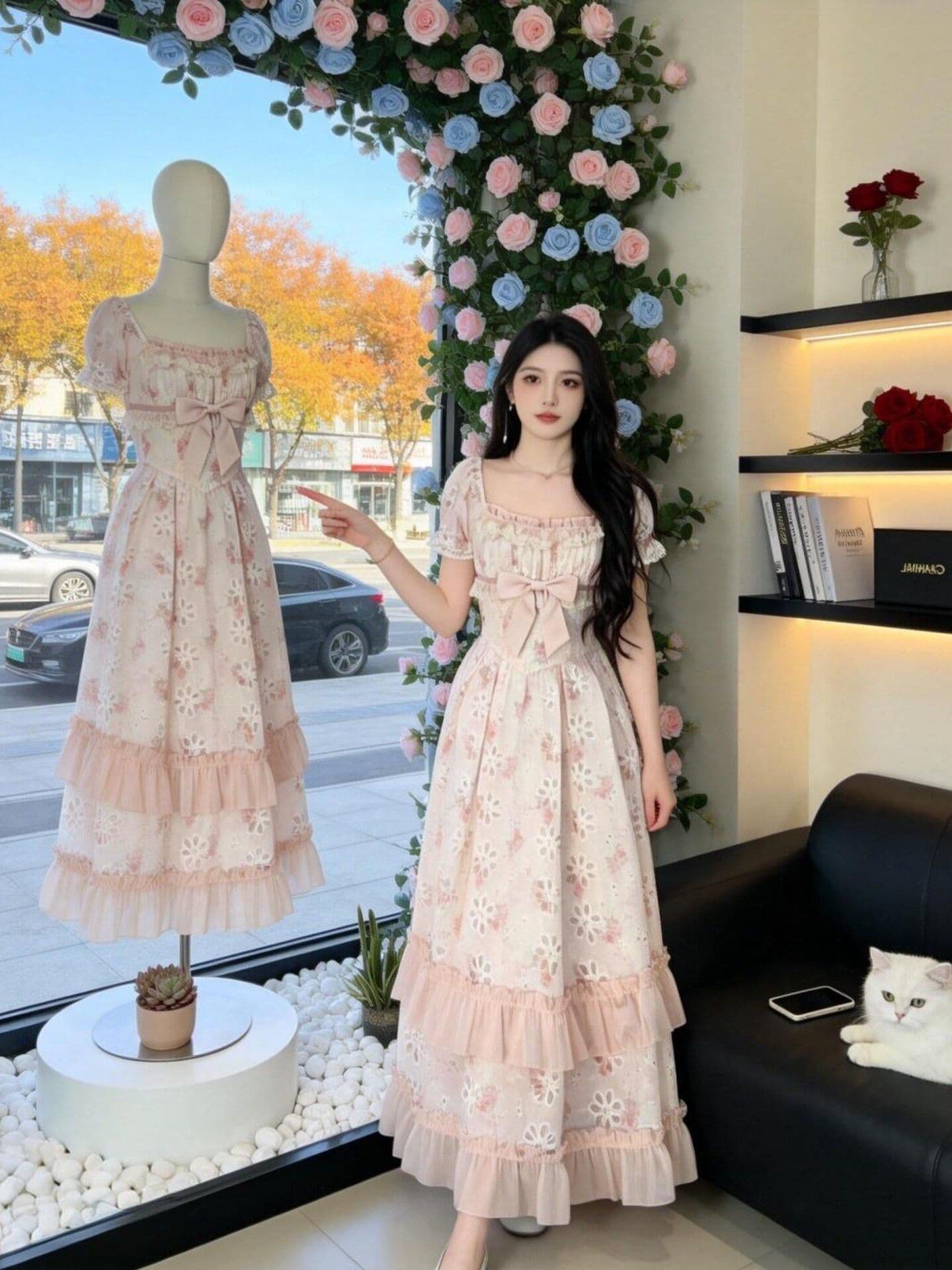 blovelan 릴리 앤 꽃 지름 휴가 바람 홀로우 아웃 자수 허리 수축 롱 스커트 프랑스식 소녀 꽃무늬 드레스 상세 이미지 6