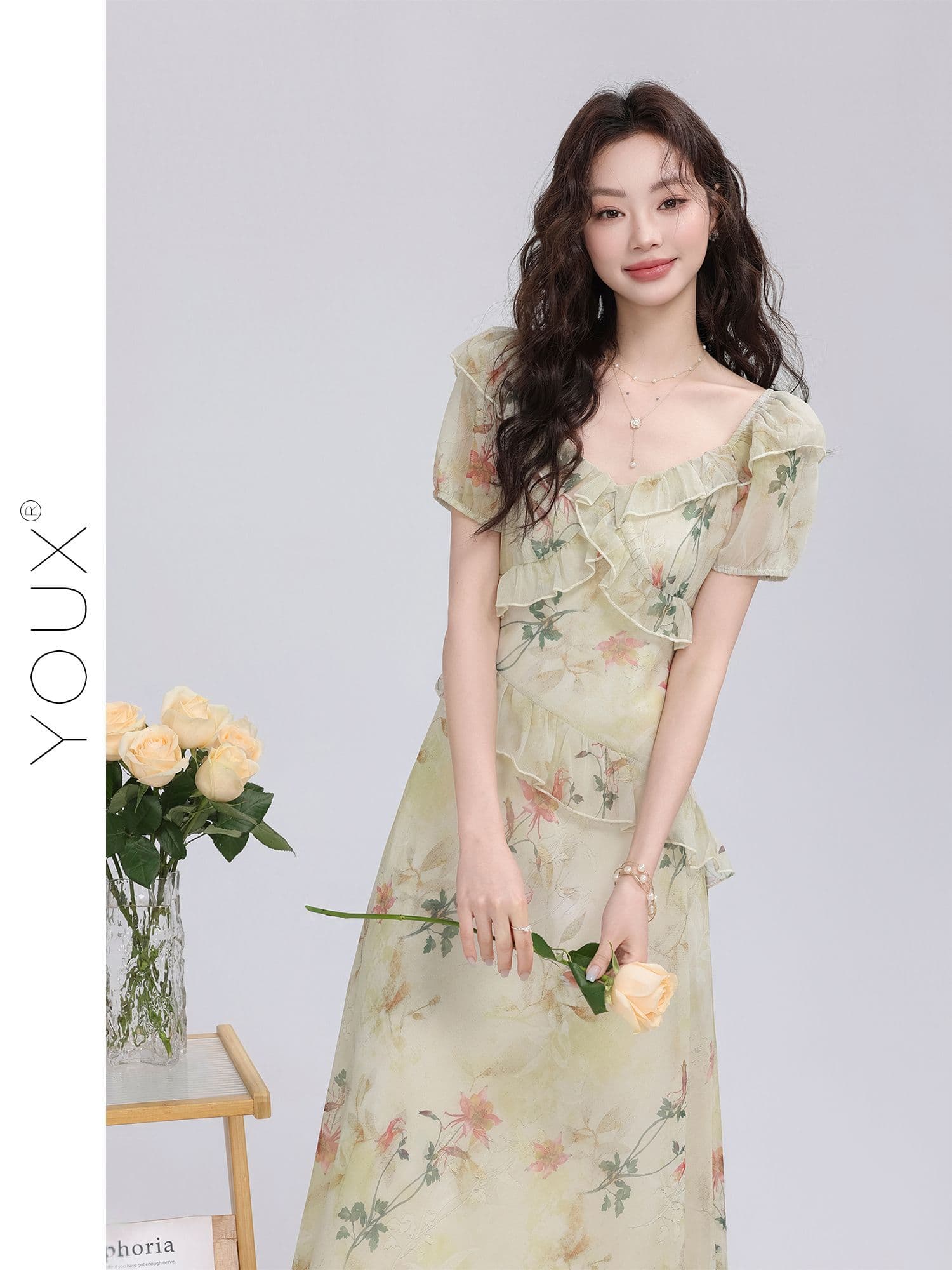 다시 레인 숲 속삭임 꽃무늬 여성 드레스 2026 여름 새로운 작은 대중 부드러운 센스 연꽃 잎 레이스 롱 스커트