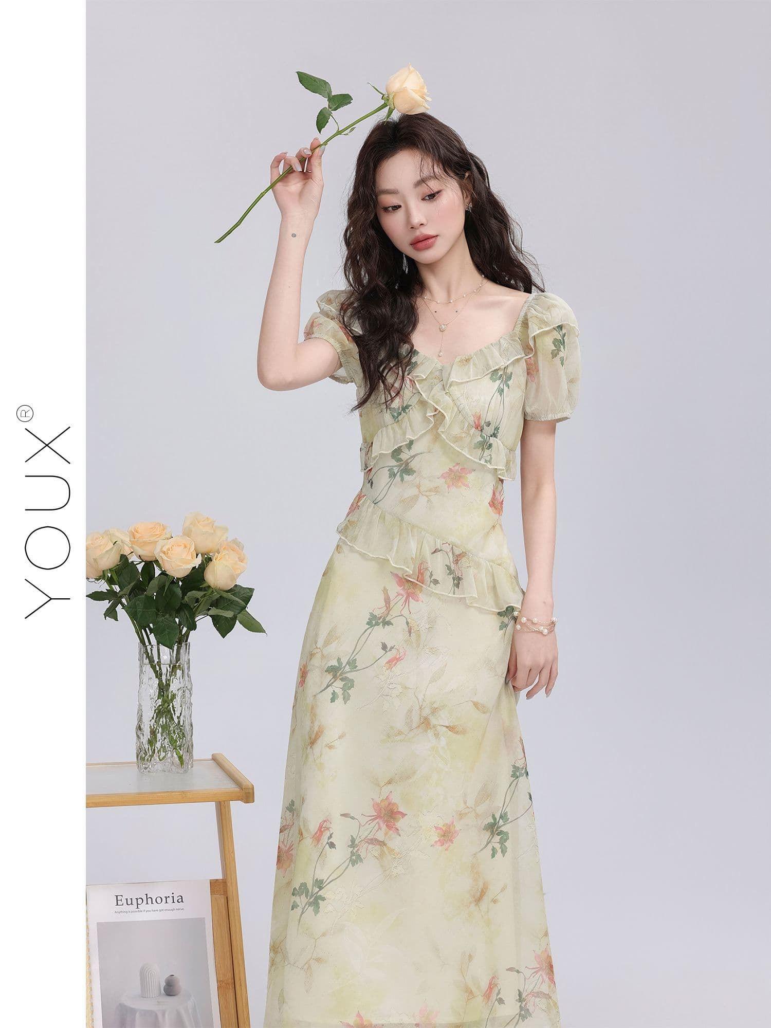 다시 레인 숲 속삭임 꽃무늬 여성 드레스 2026 여름 새로운 작은 대중 부드러운 센스 연꽃 잎 레이스 롱 스커트 이미지 3