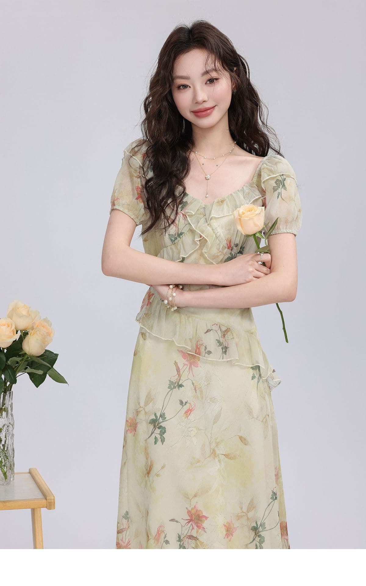 다시 레인 숲 속삭임 꽃무늬 여성 드레스 2026 여름 새로운 작은 대중 부드러운 센스 연꽃 잎 레이스 롱 스커트 상세 이미지 4