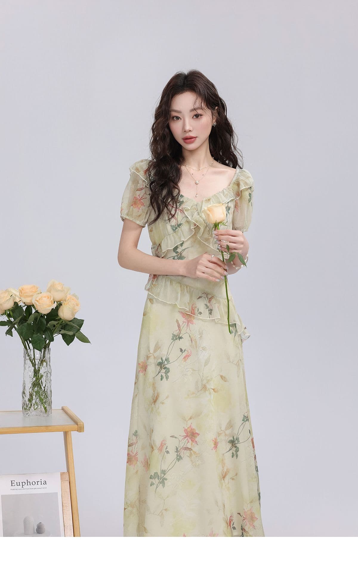다시 레인 숲 속삭임 꽃무늬 여성 드레스 2026 여름 새로운 작은 대중 부드러운 센스 연꽃 잎 레이스 롱 스커트 상세 이미지 14