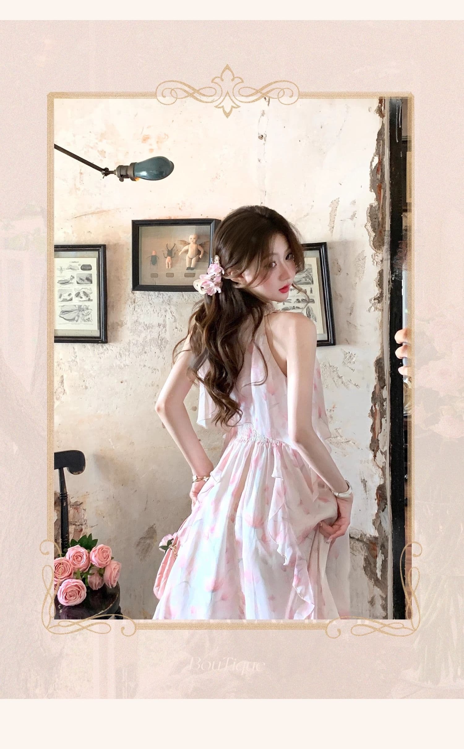 아름다움 치마 프랑스식 낭만주의 요정 가스 헤일로 염색 행침 목 불규칙 휴가 핑크색 꽃무늬 분위기 센스 롱 스커트 여름 상세 이미지 2
