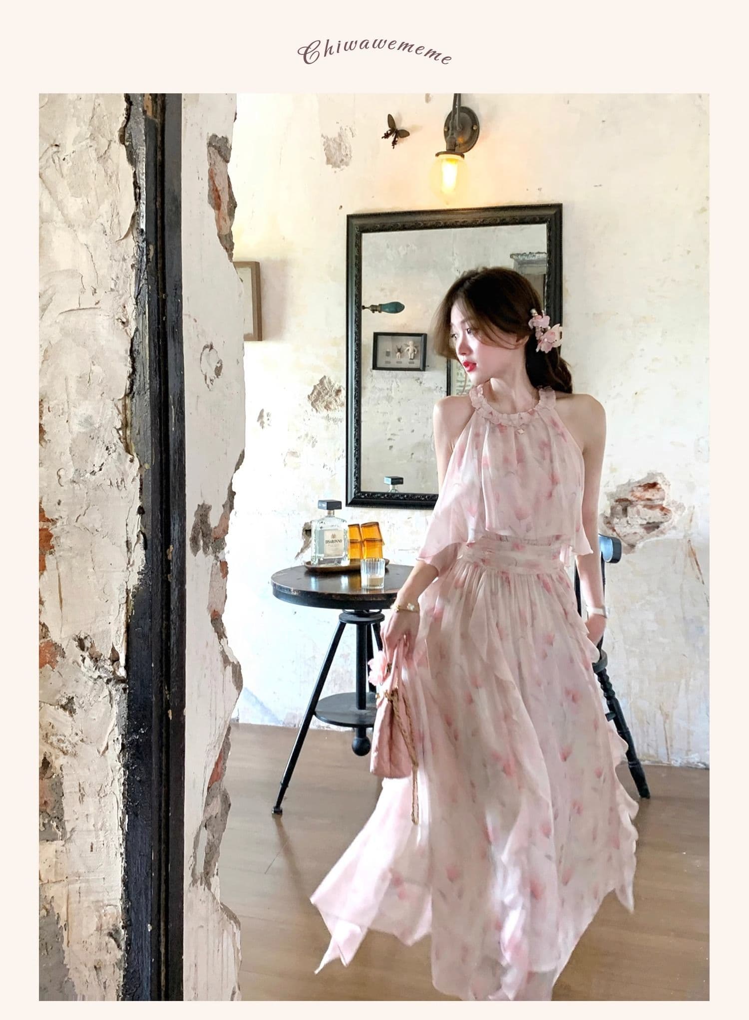 아름다움 치마 프랑스식 낭만주의 요정 가스 헤일로 염색 행침 목 불규칙 휴가 핑크색 꽃무늬 분위기 센스 롱 스커트 여름 상세 이미지 3