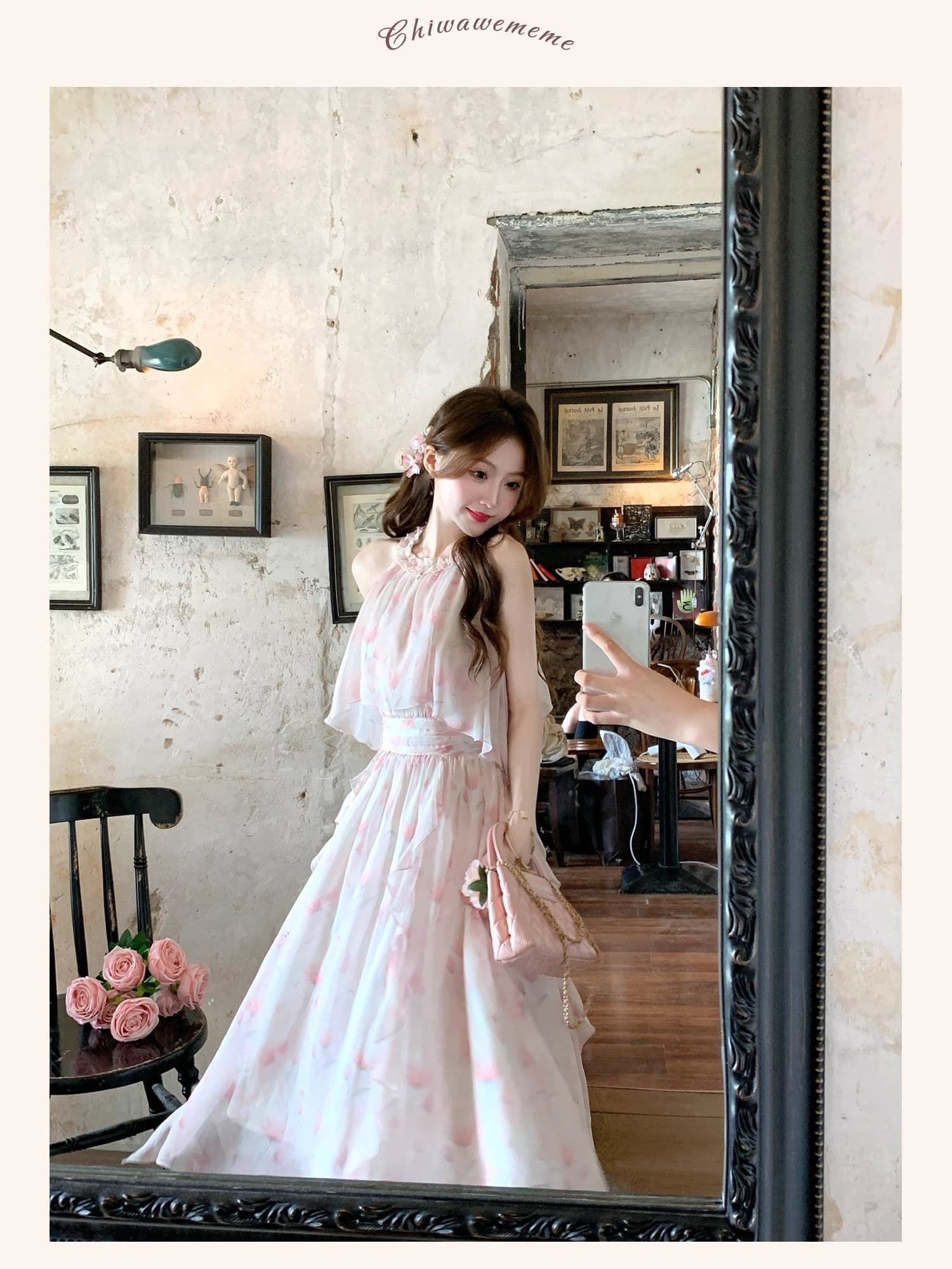 아름다움 치마 프랑스식 낭만주의 요정 가스 헤일로 염색 행침 목 불규칙 휴가 핑크색 꽃무늬 분위기 센스 롱 스커트 여름 상세 이미지 5