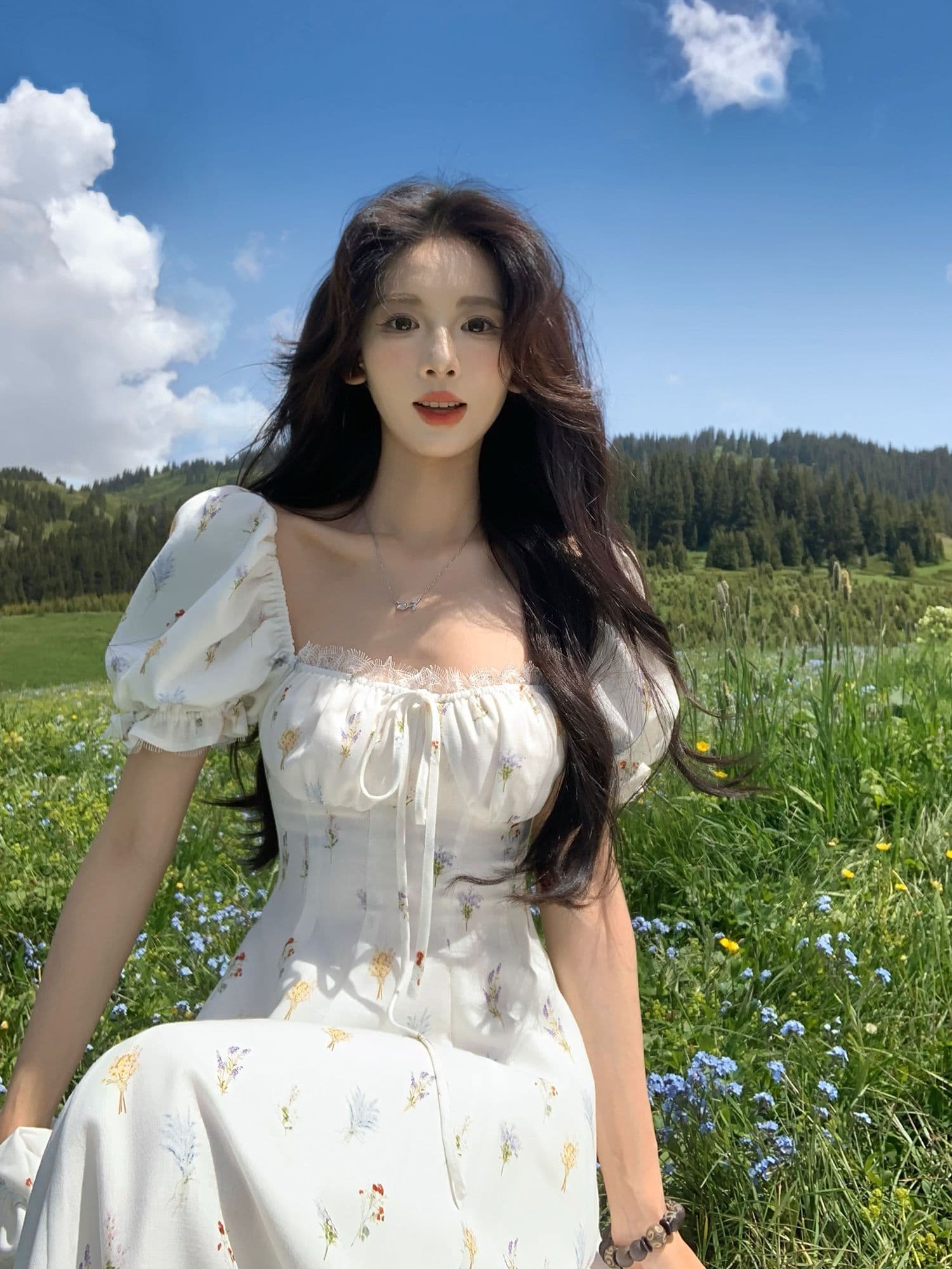 하나 달콤한 복숭아 yikett 동백 나무 와일드 여름 반팔 꽃무늬 여성 드레스 허리 수축 휴가 바람 롱 스커트