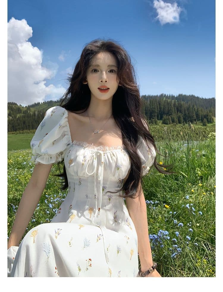 하나 달콤한 복숭아 yikett 동백 나무 와일드 여름 반팔 꽃무늬 여성 드레스 허리 수축 휴가 바람 롱 스커트 상세 이미지 5