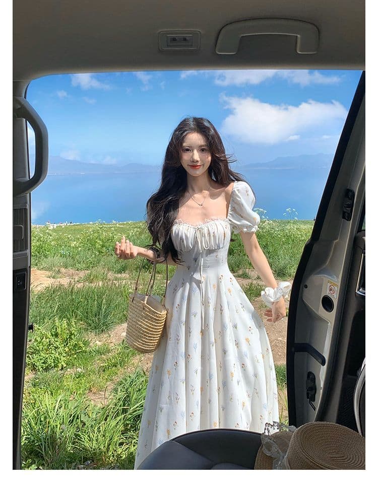 하나 달콤한 복숭아 yikett 동백 나무 와일드 여름 반팔 꽃무늬 여성 드레스 허리 수축 휴가 바람 롱 스커트 상세 이미지 8