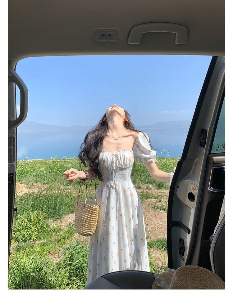 하나 달콤한 복숭아 yikett 동백 나무 와일드 여름 반팔 꽃무늬 여성 드레스 허리 수축 휴가 바람 롱 스커트 상세 이미지 9