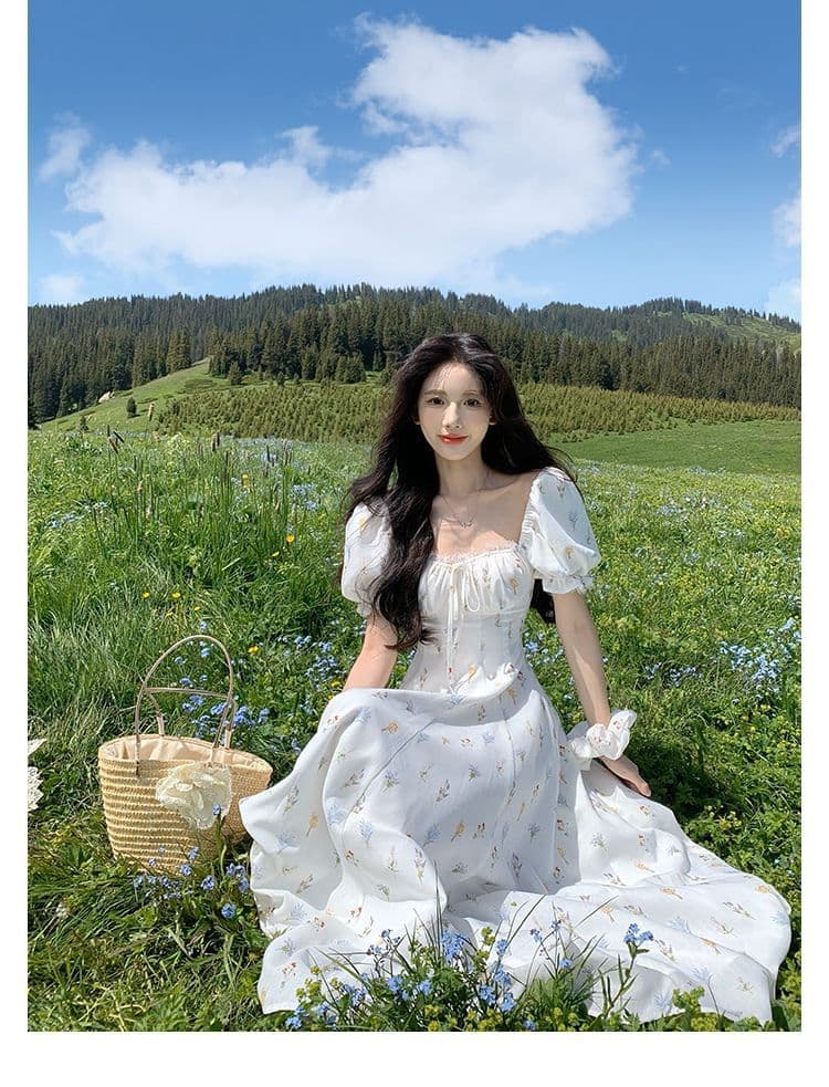 하나 달콤한 복숭아 yikett 동백 나무 와일드 여름 반팔 꽃무늬 여성 드레스 허리 수축 휴가 바람 롱 스커트 상세 이미지 10