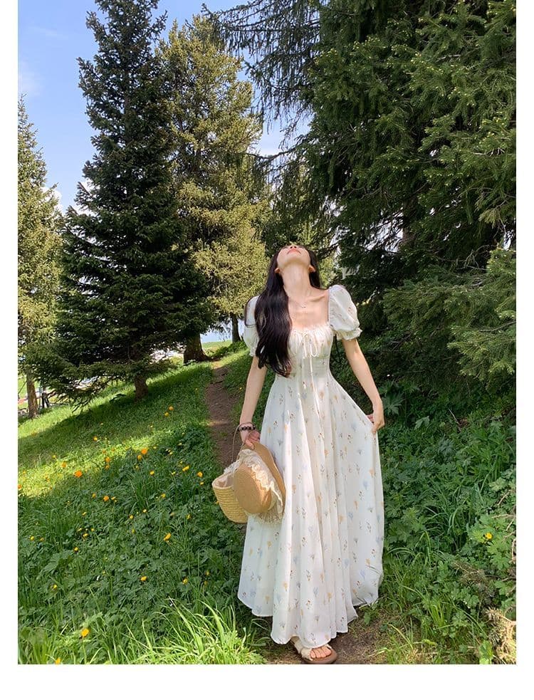 하나 달콤한 복숭아 yikett 동백 나무 와일드 여름 반팔 꽃무늬 여성 드레스 허리 수축 휴가 바람 롱 스커트 상세 이미지 11