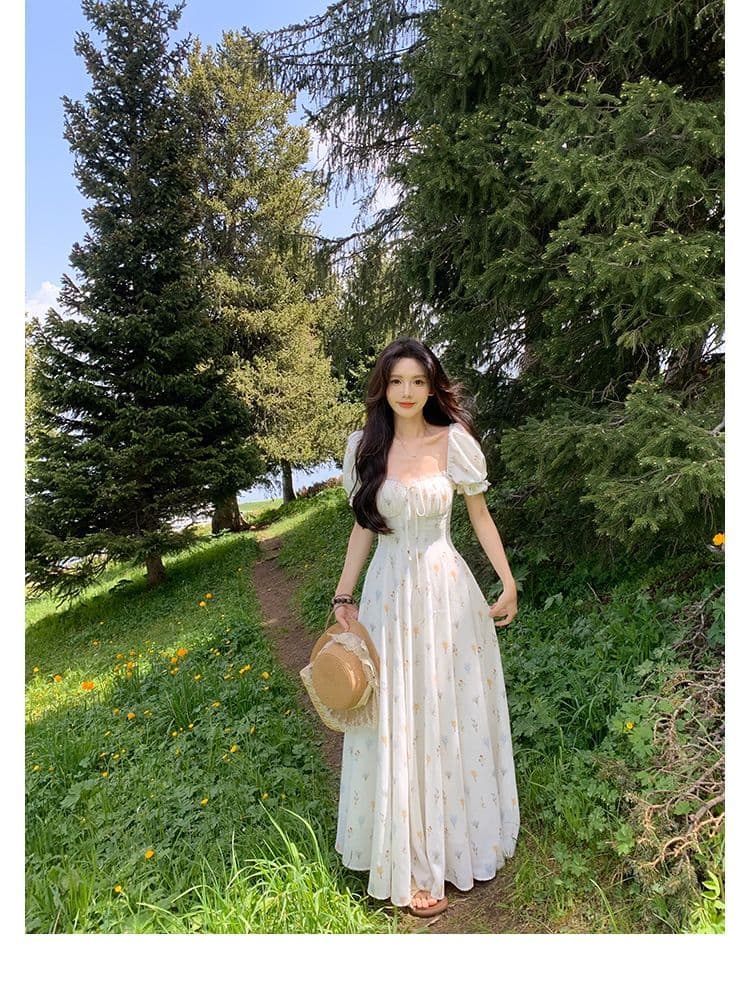 하나 달콤한 복숭아 yikett 동백 나무 와일드 여름 반팔 꽃무늬 여성 드레스 허리 수축 휴가 바람 롱 스커트 상세 이미지 13