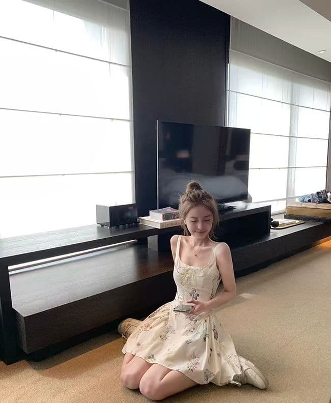 이중층 세트 인사이드 순면 워터 마크 치마 아이들 여름 슬림해 보이는 허리 수축 레이스업 꽃무늬 드레스 공주 센스 슬립 드레스 이미지 3