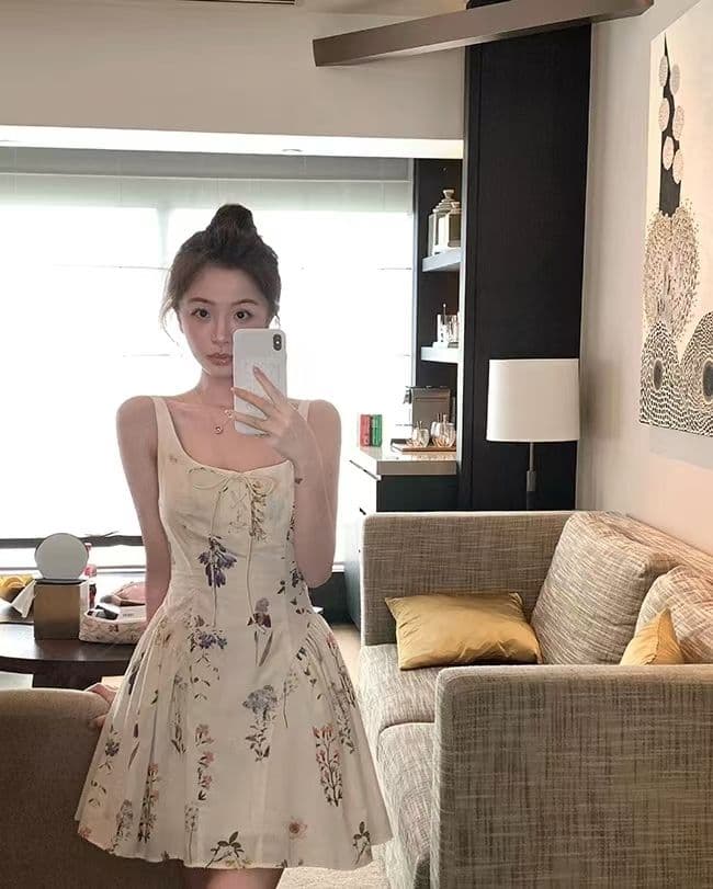 이중층 세트 인사이드 순면 워터 마크 치마 아이들 여름 슬림해 보이는 허리 수축 레이스업 꽃무늬 드레스 공주 센스 슬립 드레스 상세 이미지 2