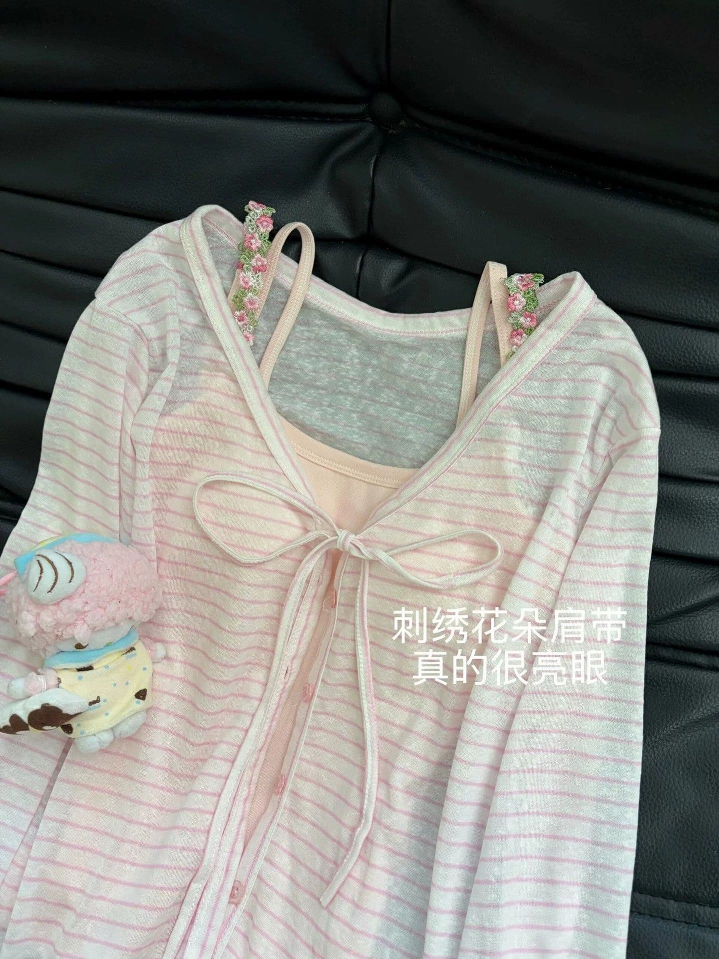 조끼 92 면 8 암모니아 Lun 벨트 가슴 패드 핑크색 스트라이프 오픈 가디건 V넥 인사이드 가져 가라. 자수 캐미솔 투피스 세트 상세 이미지 10