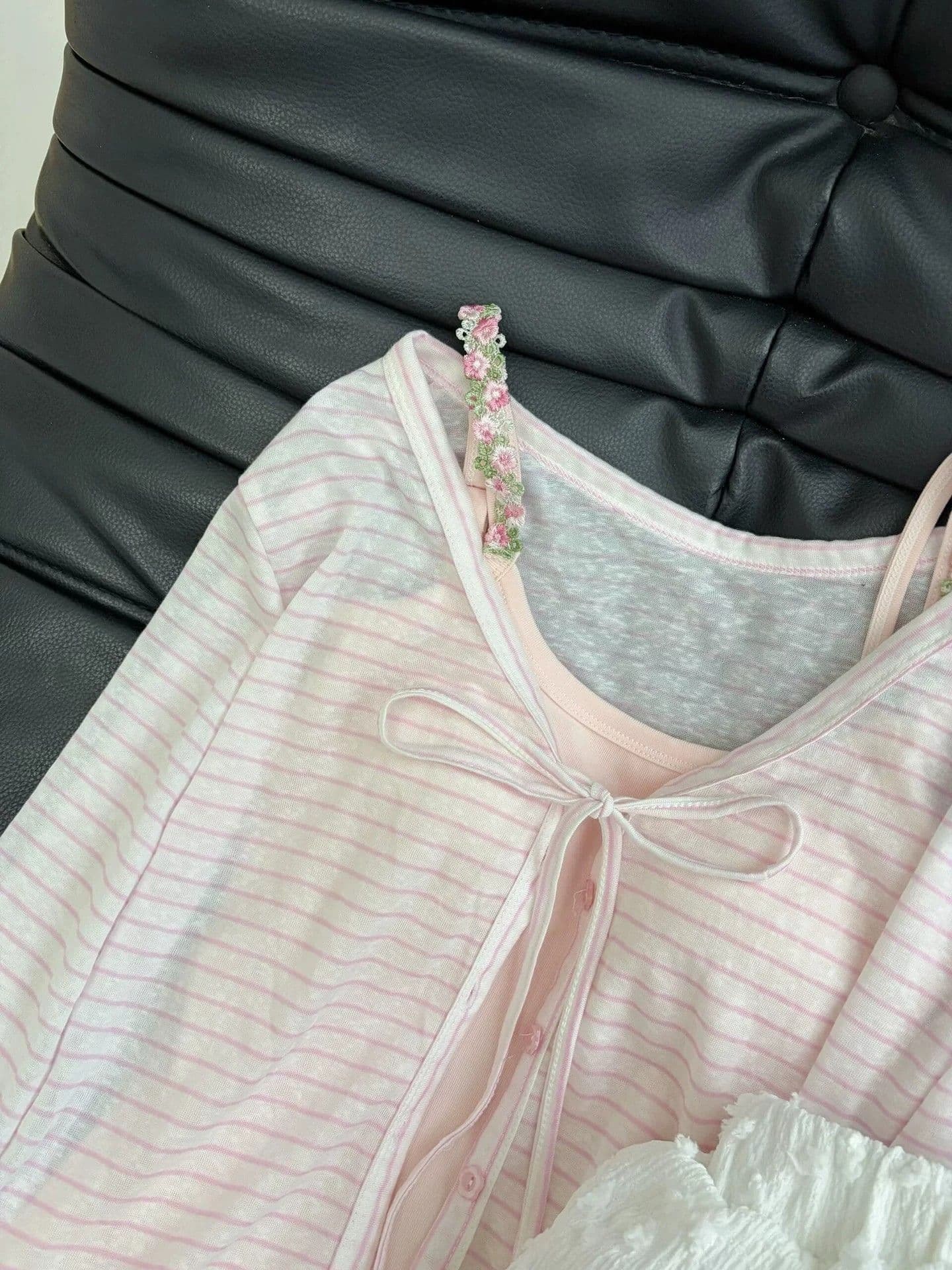 조끼 92 면 8 암모니아 Lun 벨트 가슴 패드 핑크색 스트라이프 오픈 가디건 V넥 인사이드 가져 가라. 자수 캐미솔 투피스 세트 상세 이미지 13