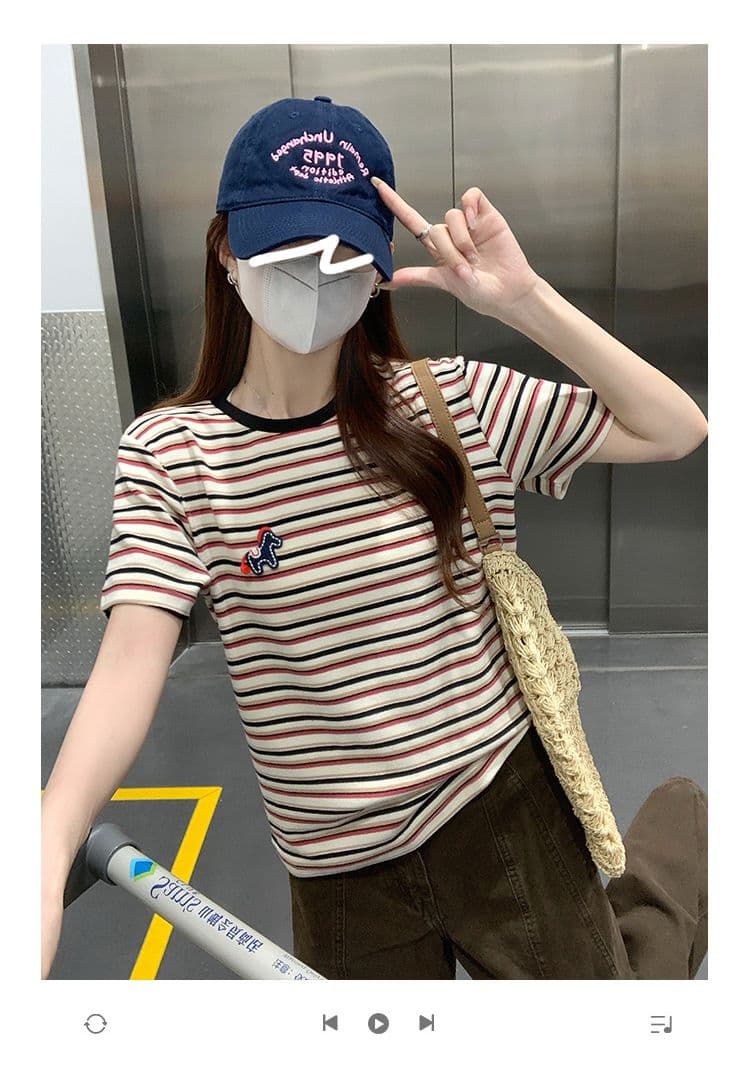 실사 특별 가격 250그램 리브 스트라이프 반팔 티셔츠 여성 의류 여름 새로운 한 부서 만화 가시 자수 라운드 넥 맨위 상세 이미지 1