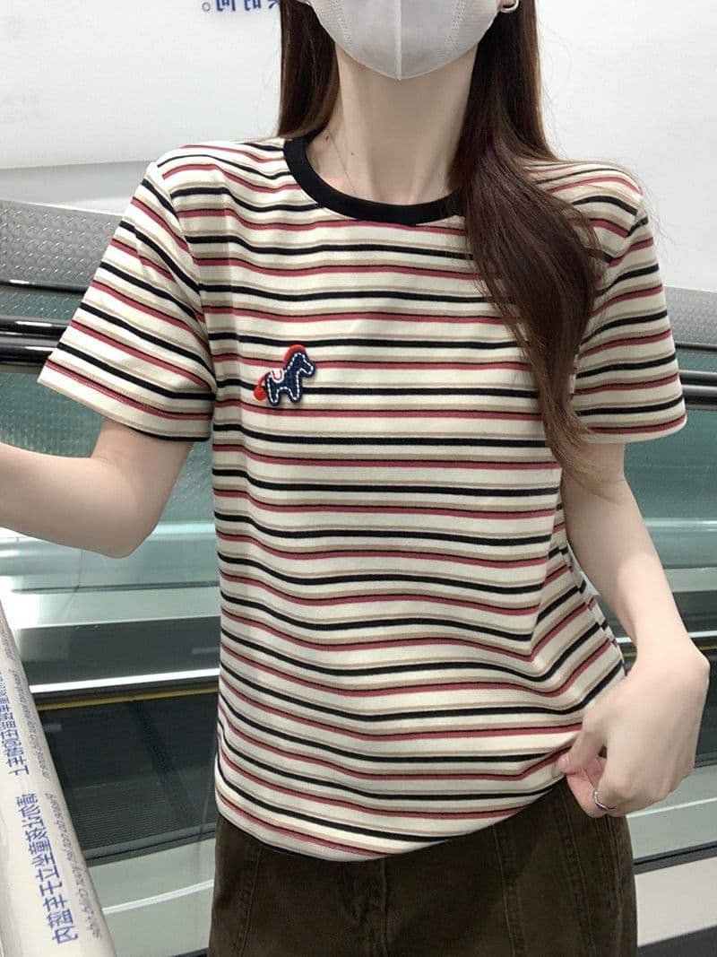 실사 특별 가격 250그램 리브 스트라이프 반팔 티셔츠 여성 의류 여름 새로운 한 부서 만화 가시 자수 라운드 넥 맨위 상세 이미지 9
