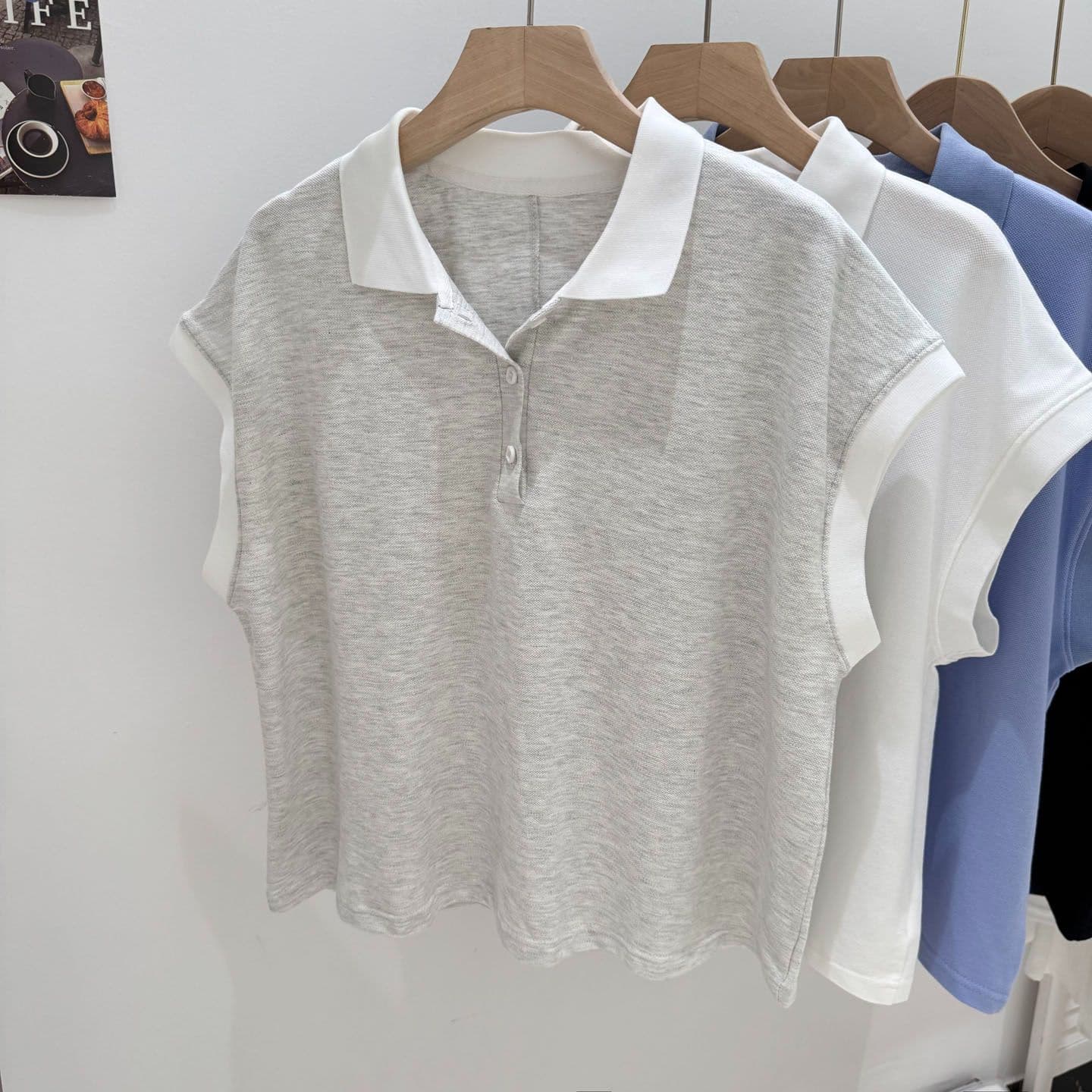 실사 POLO 칼라 반팔 티셔츠 여성 여름 루즈핏 한국 스타일 작은 키 쇼트 스타일 긍정적 인 어깨 폴로 칼라 삽입 어깨 소매 맨위 상세 이미지 5