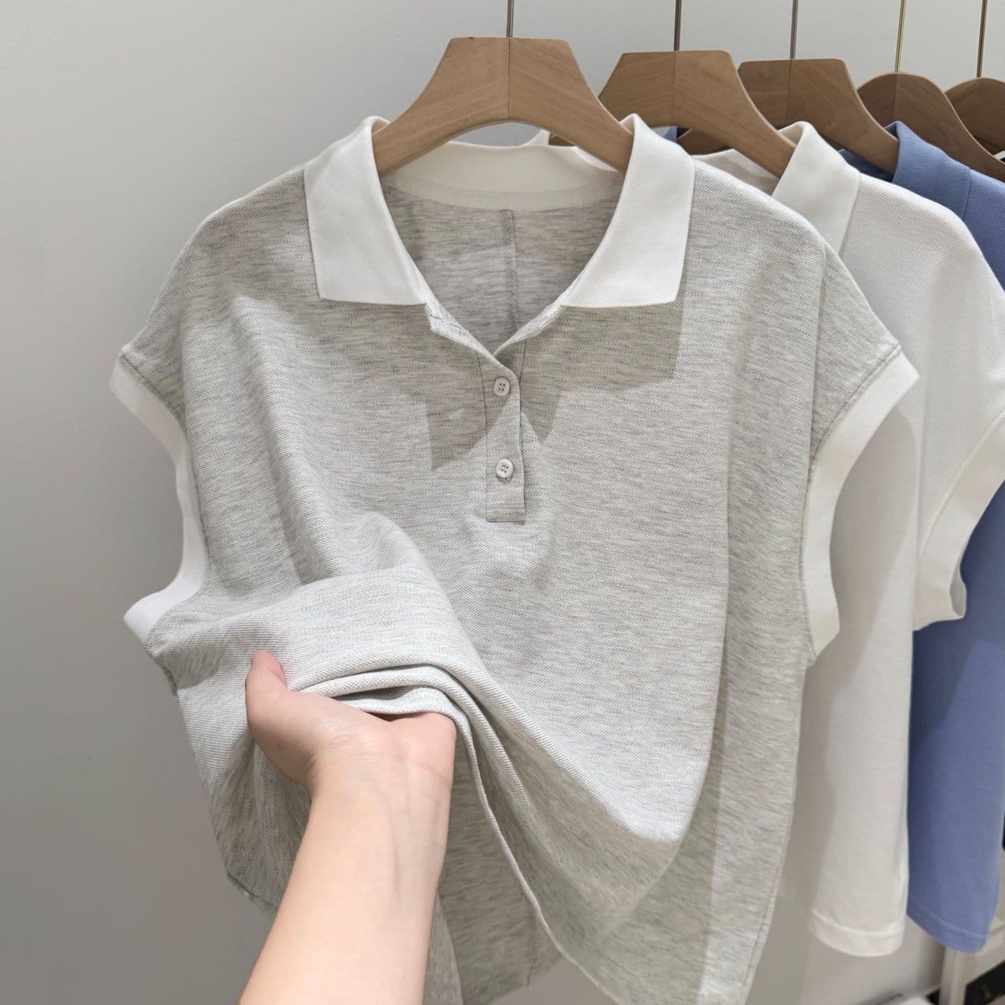 실사 POLO 칼라 반팔 티셔츠 여성 여름 루즈핏 한국 스타일 작은 키 쇼트 스타일 긍정적 인 어깨 폴로 칼라 삽입 어깨 소매 맨위 상세 이미지 7
